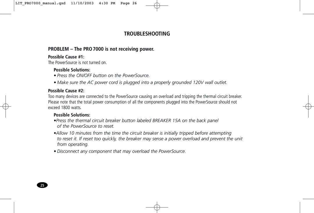 Monster Cable PRO7000 owner manual Troubleshooting, Problem The PRO 7000 is not receiving power 