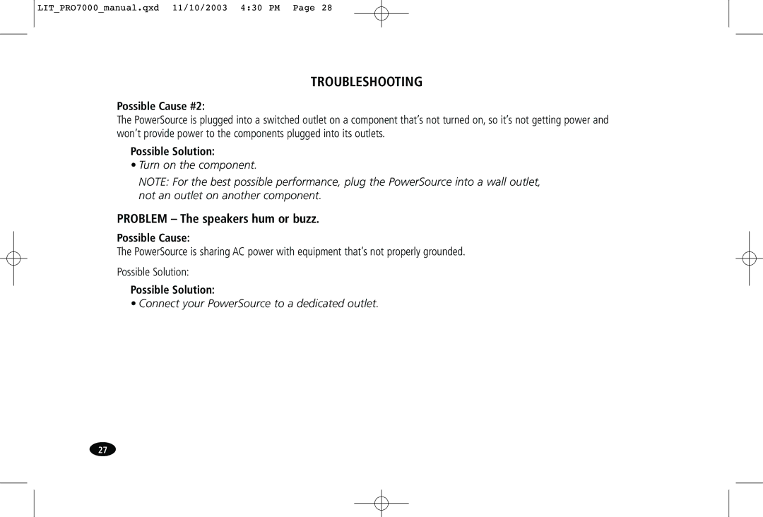 Monster Cable PRO7000 owner manual Problem The speakers hum or buzz, Possible Cause 