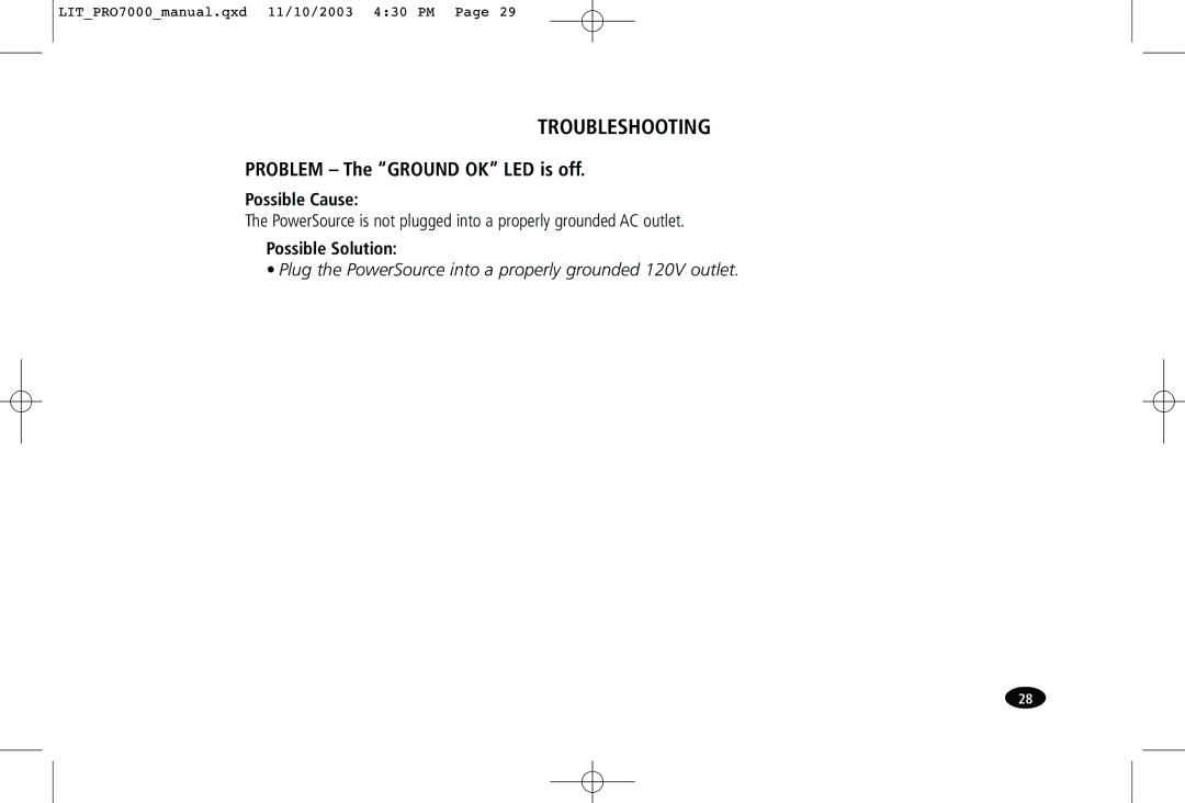 Monster Cable PRO7000 owner manual Problem The Ground OK LED is off 