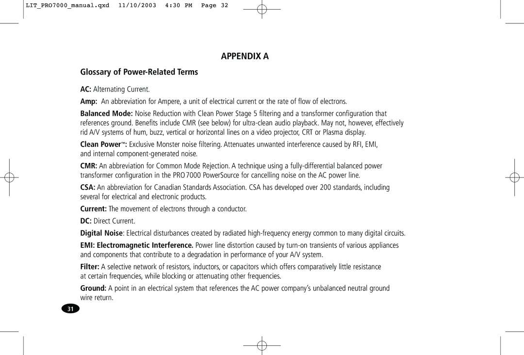 Monster Cable PRO7000 owner manual Appendix a, Glossary of Power-Related Terms 