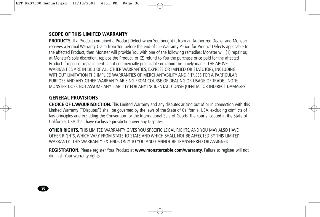 Monster Cable PRO7000 owner manual Scope of this Limited Warranty 