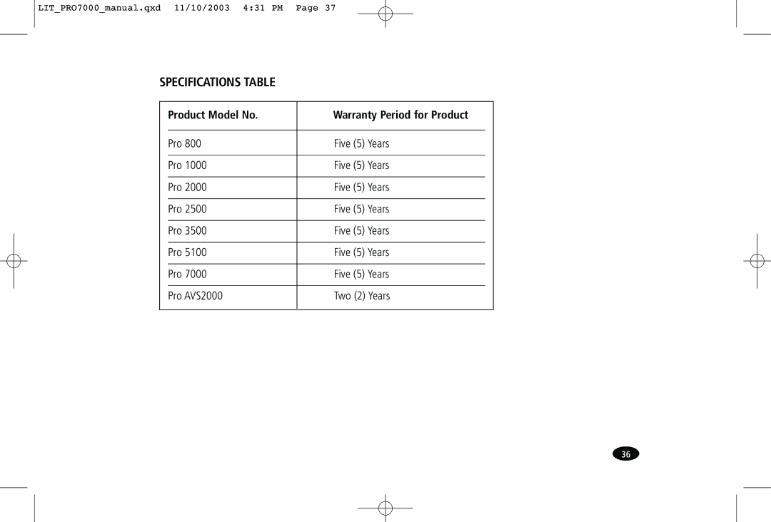 Monster Cable PRO7000 owner manual Specifications Table 