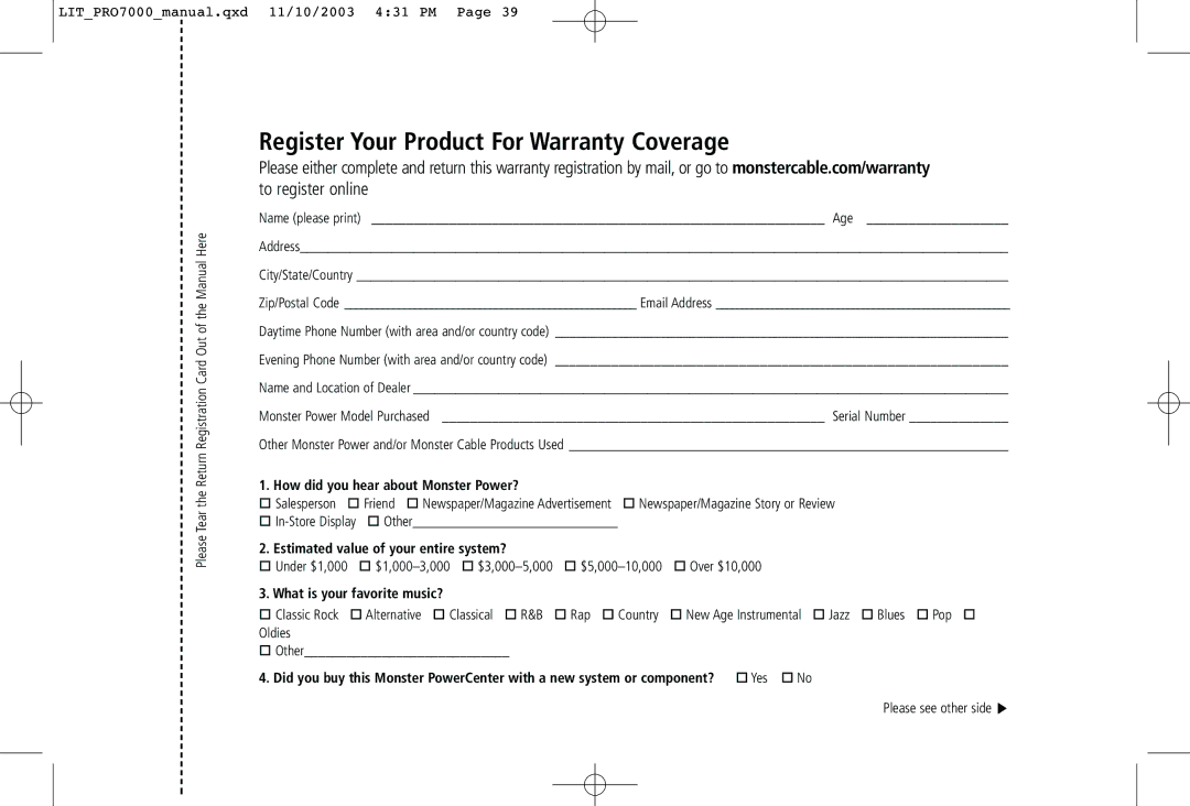 Monster Cable PRO7000 owner manual Register Your Product For Warranty Coverage 