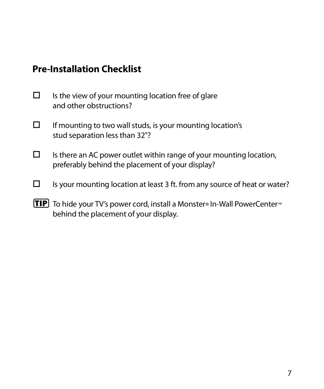 Monster Cable SmartViewTM 200L warranty Pre-Installation Checklist 