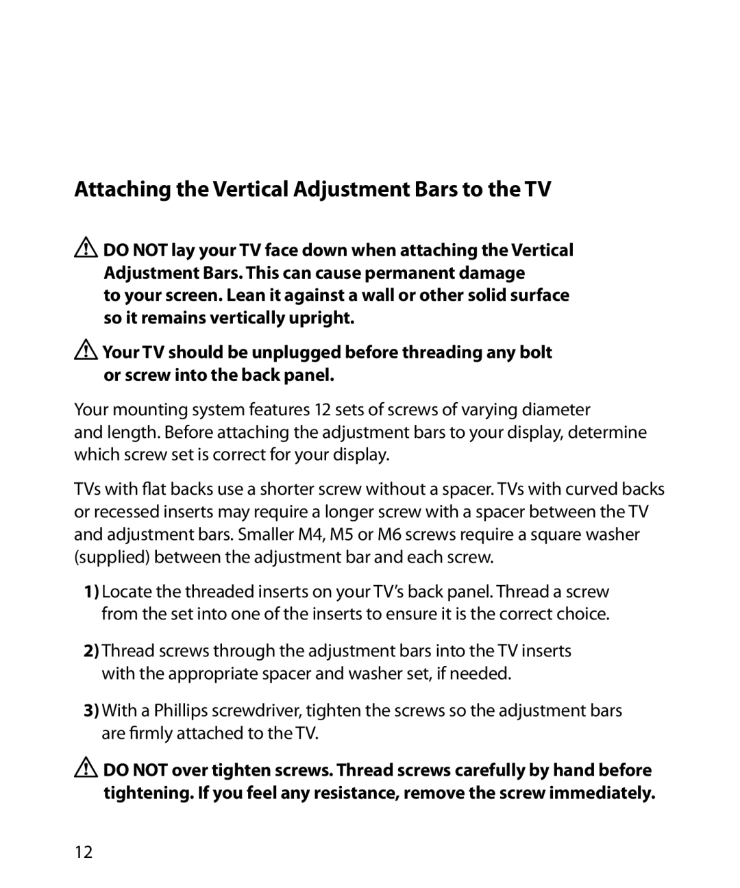 Monster Cable SmartViewTM 200L warranty Attaching the Vertical Adjustment Bars to the TV 