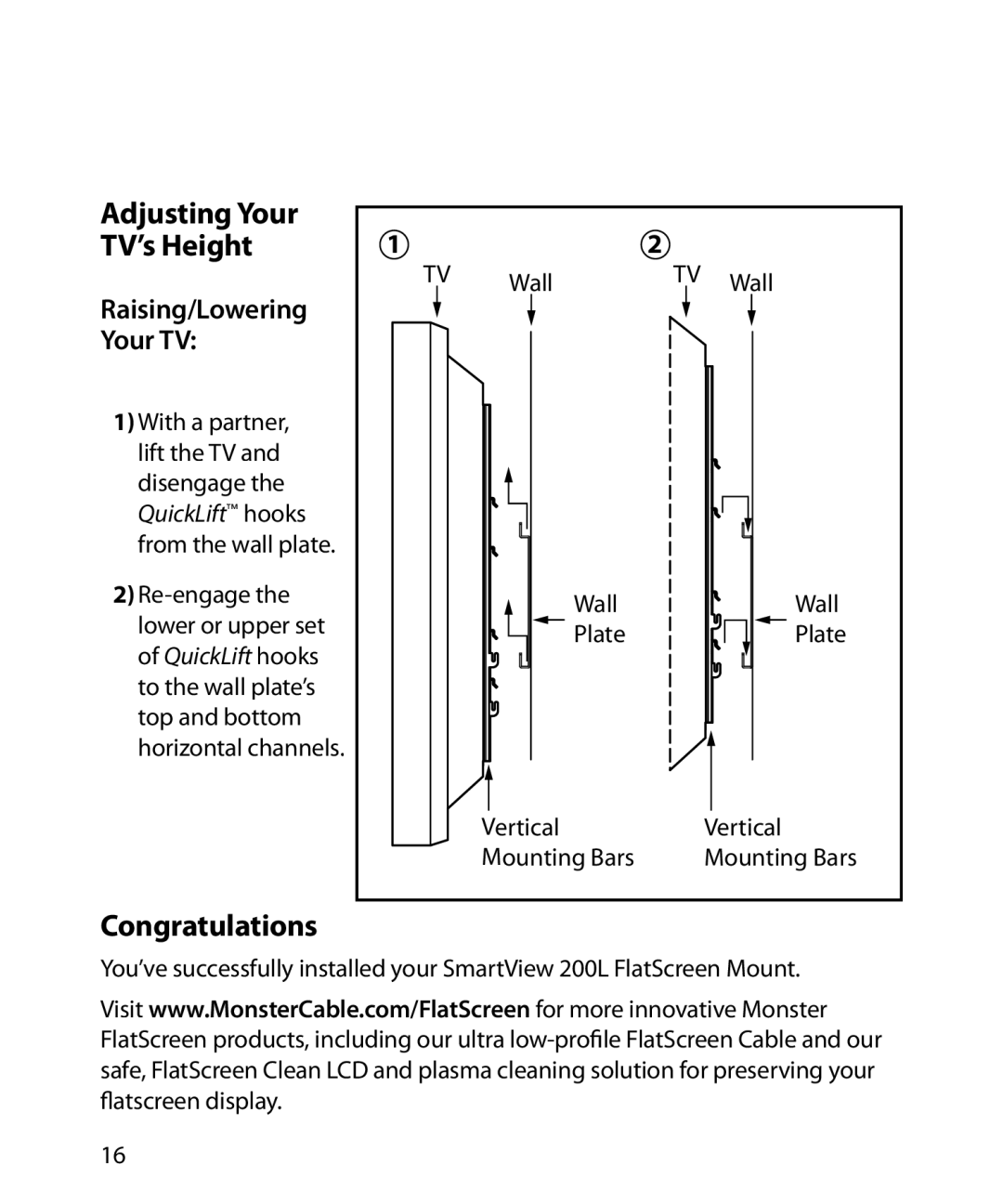 Monster Cable SmartViewTM 200L warranty Adjusting Your TV’s Height, Congratulations, Raising/Lowering Your TV 