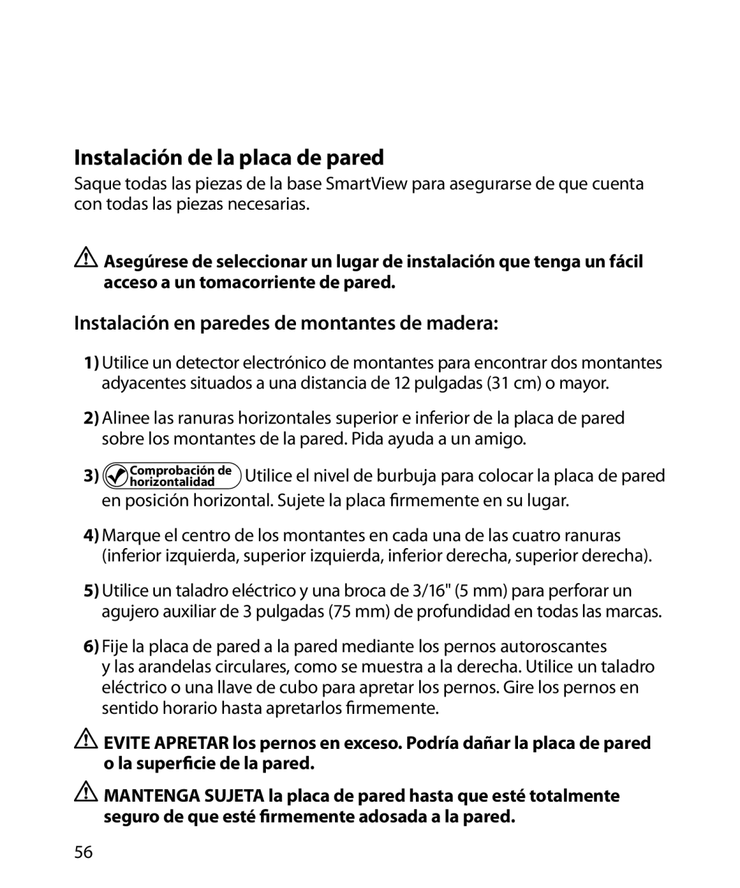 Monster Cable SmartViewTM 200L warranty Instalación de la placa de pared, Instalación en paredes de montantes de madera 