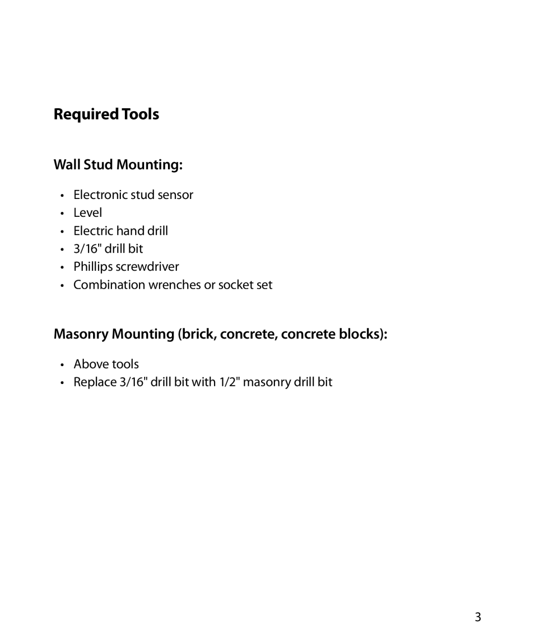 Monster Cable SmartViewTM 200L Required Tools, Wall Stud Mounting, Masonry Mounting brick, concrete, concrete blocks 