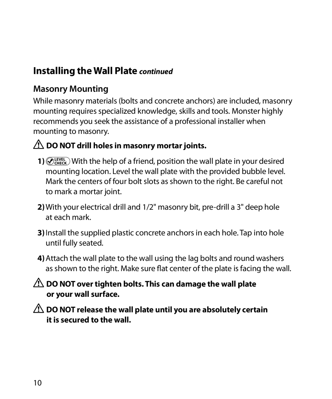 Monster Cable SmartViewTM 300M warranty Masonry Mounting, Do not drill holes in masonry mortar joints 