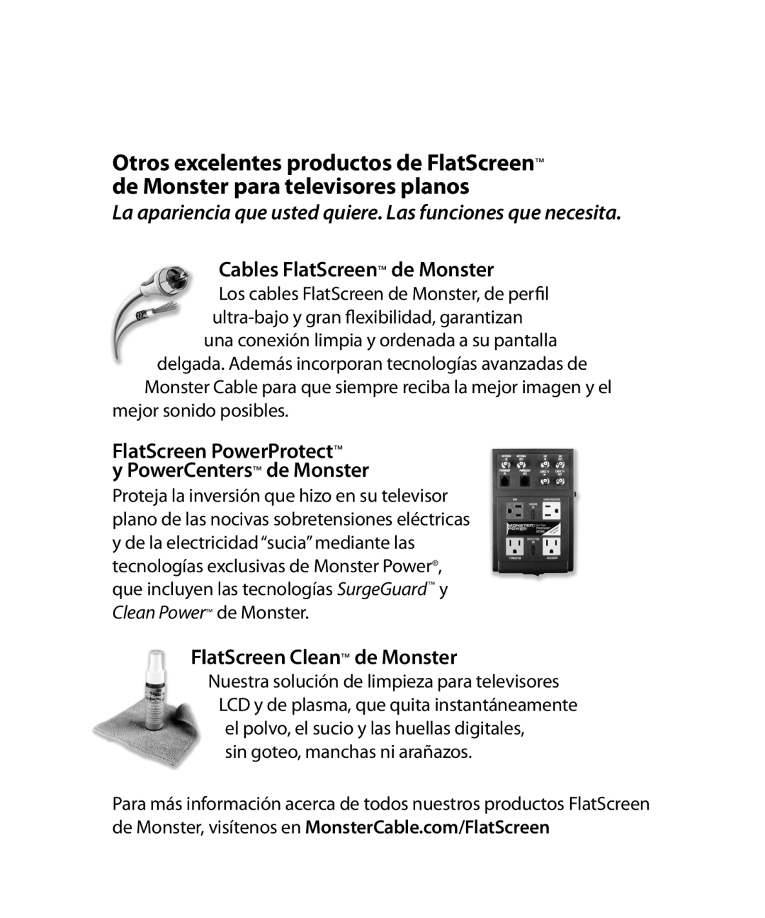 Monster Cable SmartViewTM 300M warranty Cables FlatScreen de Monster, FlatScreen PowerProtect PowerCenters de Monster 