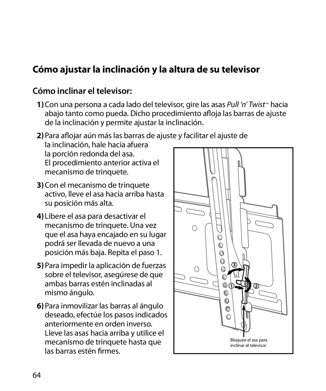 Monster Cable SmartViewTM 300M warranty Cómo ajustar la inclinación y la altura de su televisor, Cómo inclinar el televisor 