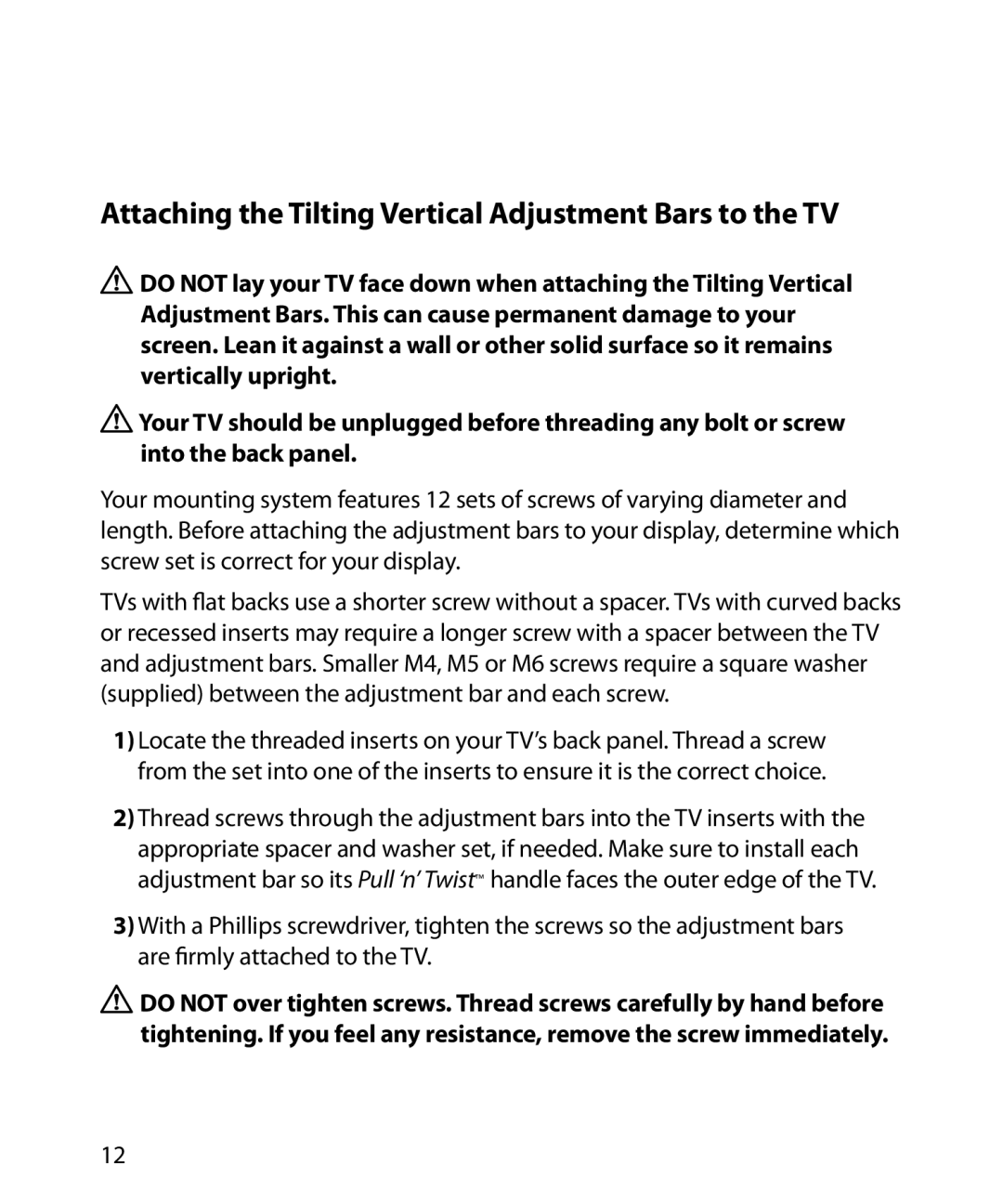 Monster Cable SmartViewTM 300M warranty Attaching the Tilting Vertical Adjustment Bars to the TV 