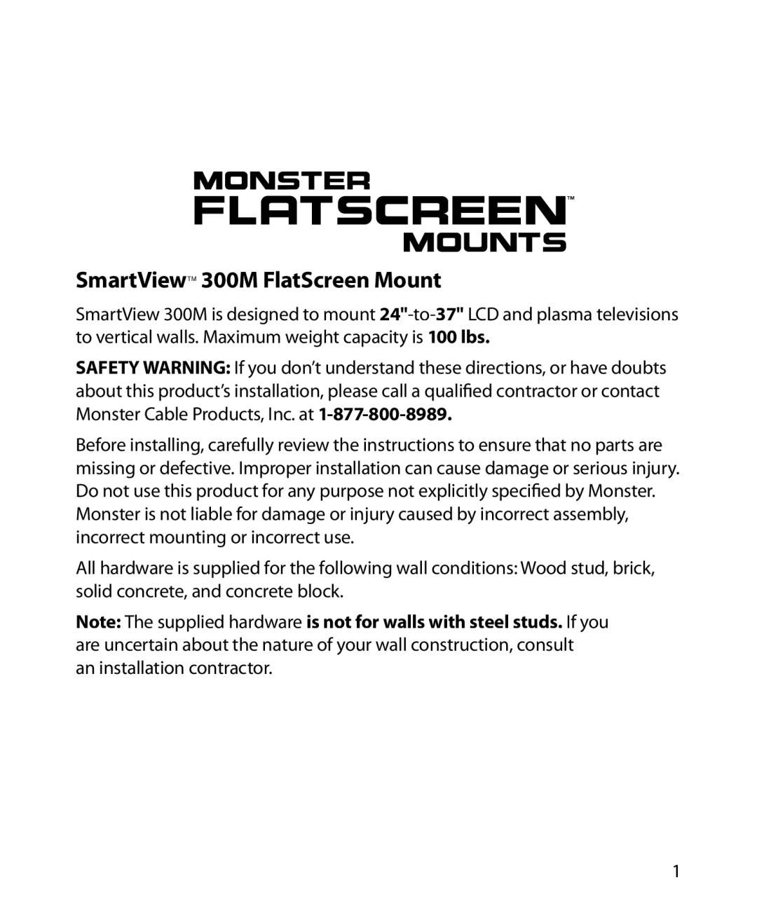 Monster Cable warranty SmartViewTM 300M FlatScreen Mount 