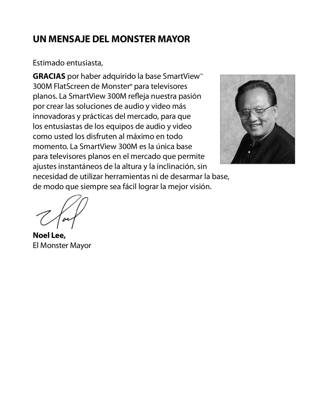 Monster Cable SmartViewTM 300M warranty Un Mensaje Del Monster Mayor, Estimado entusiasta, El Monster Mayor 