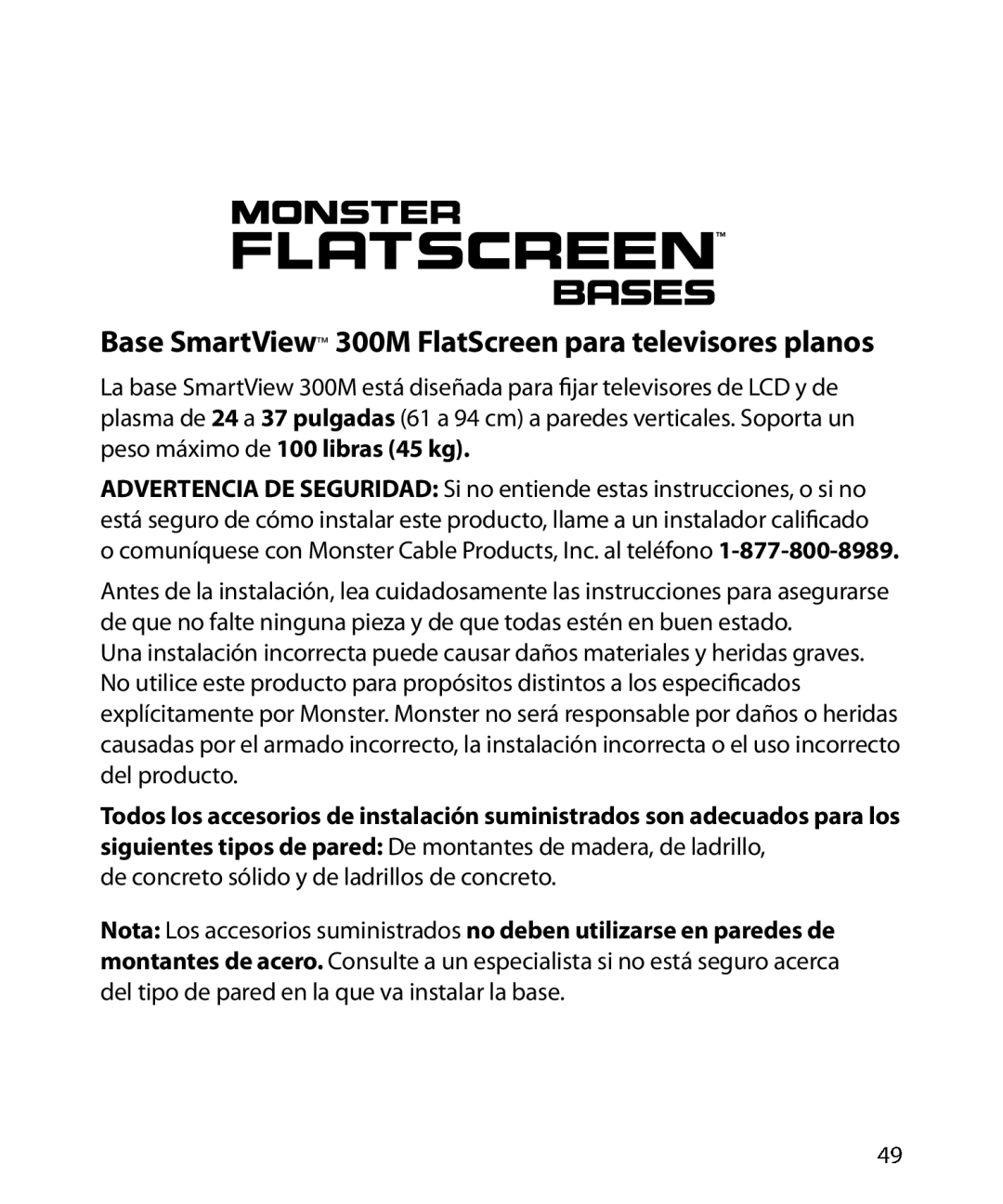 Monster Cable SmartViewTM 300M warranty Base SmartView 300M FlatScreen para televisores planos 