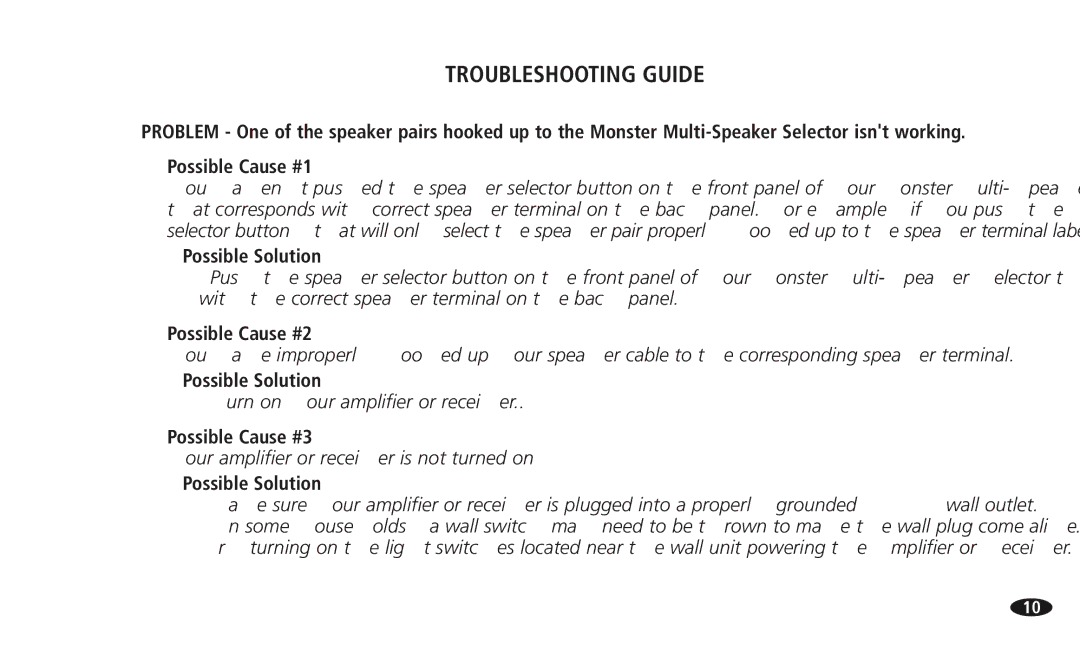 Monster Cable 108516 MSS-4-6, 13756800 manual Troubleshooting Guide, Possible Solution 