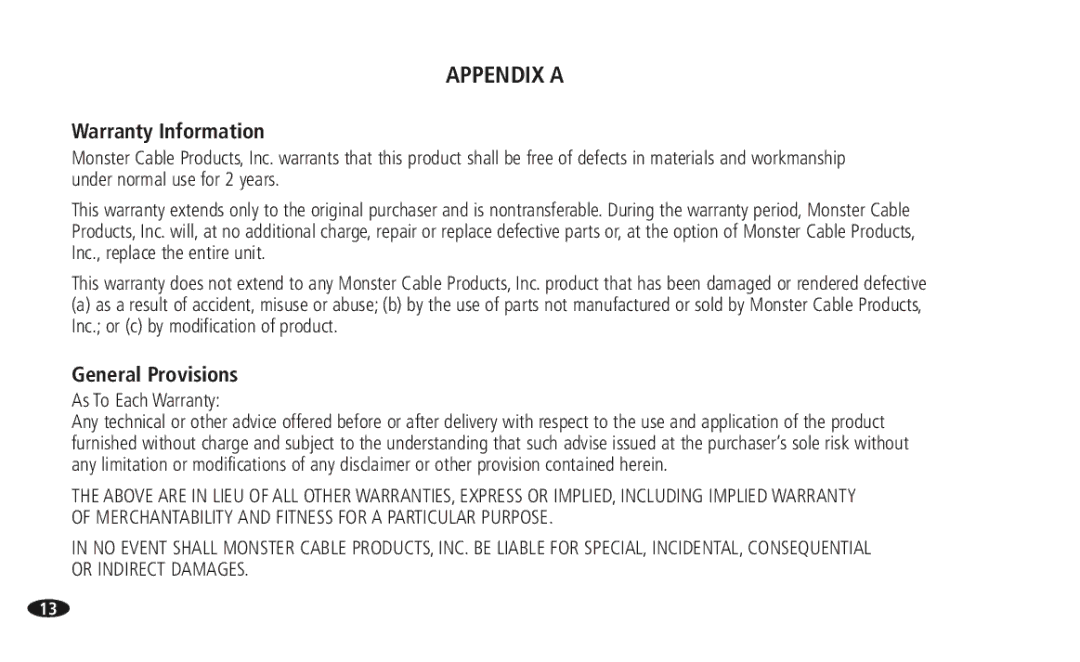 Monster Cable 108516 MSS-4-6, 13756800 manual Appendix a, Warranty Information, General Provisions 