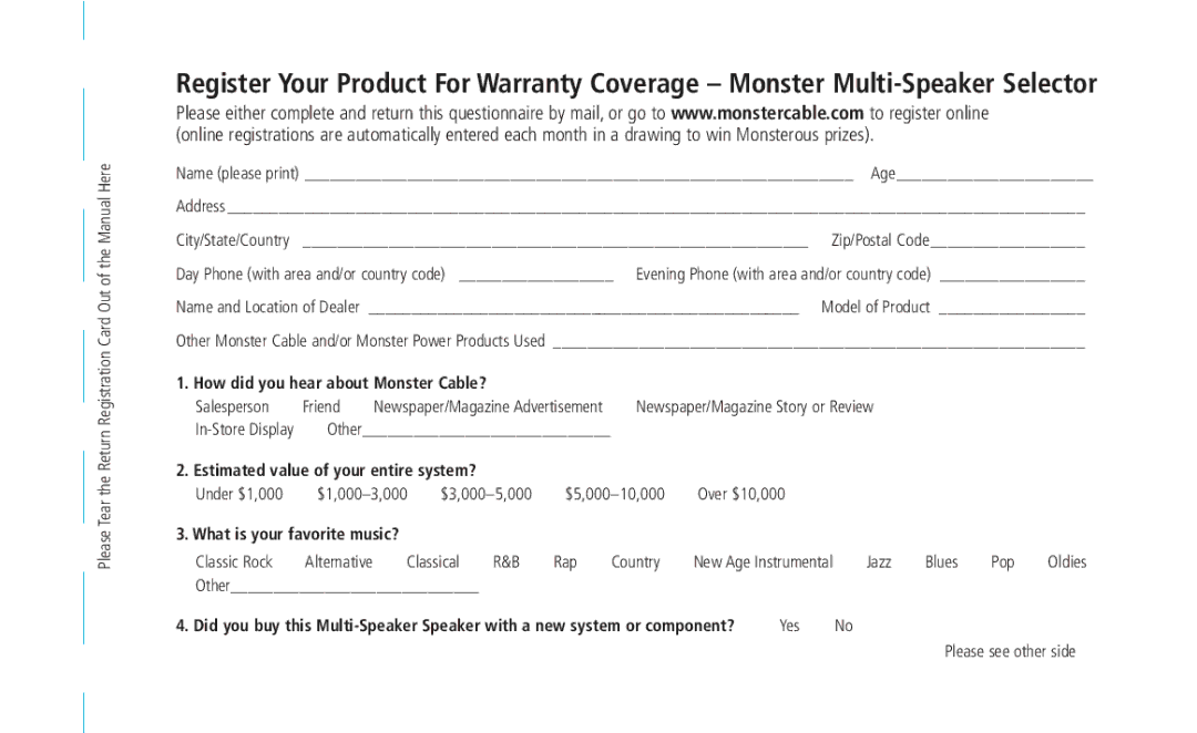 Monster Cable 108516 MSS-4-6, 13756800 manual What is your favorite music? 