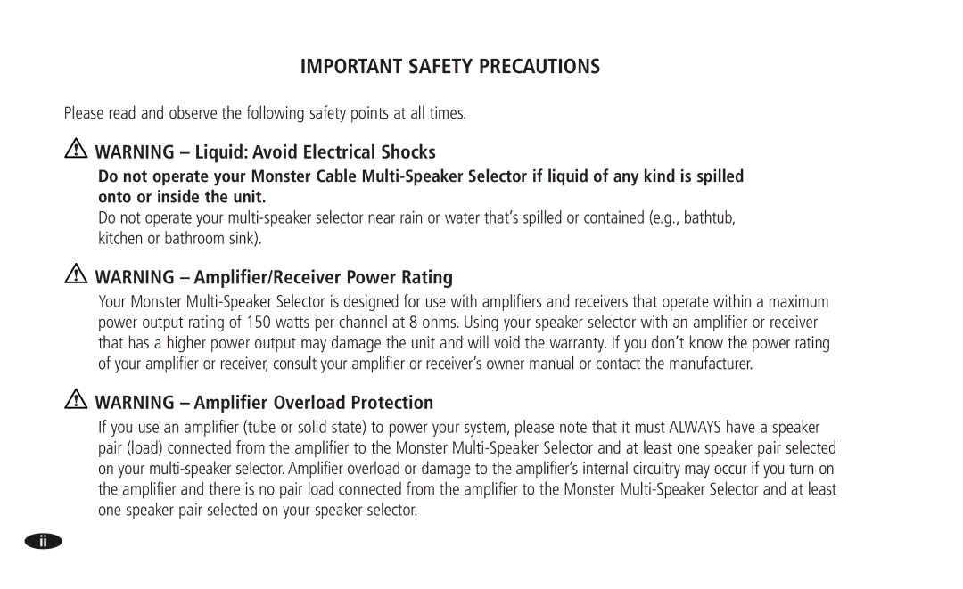 Monster Cable 13756800, 108516 MSS-4-6 manual Important Safety Precautions 