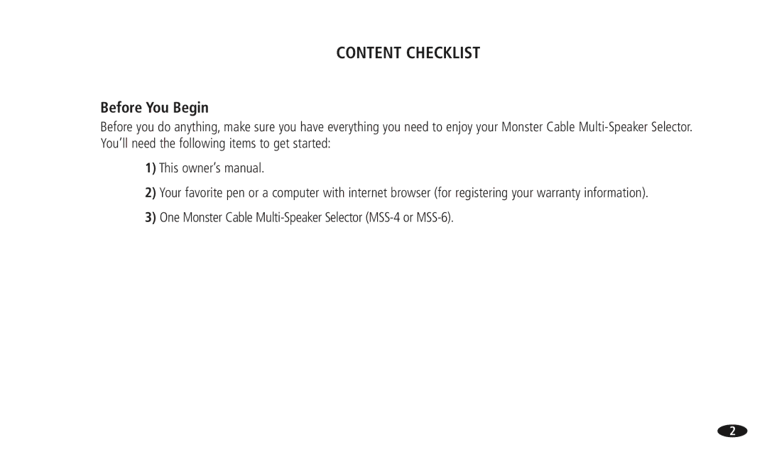 Monster Cable 13756800, 108516 MSS-4-6 manual Content Checklist, Before You Begin 