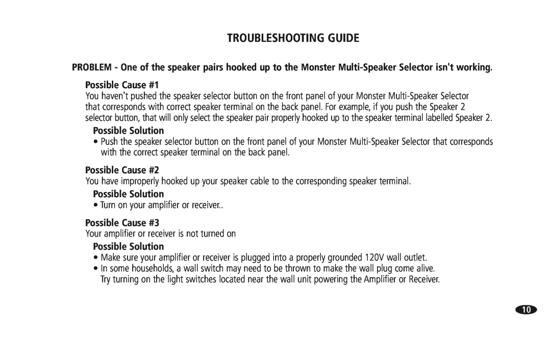 Monster Cable 108516 MSS-4-6, 13756800 manual Troubleshooting Guide, Possible Solution, Possible Cause #2, Possible Cause #3 