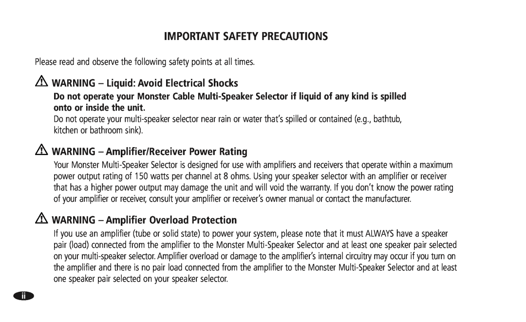 Monster Cable 13756800, 108516 MSS-4-6 manual Important Safety Precautions, WARNING – Liquid: Avoid Electrical Shocks 