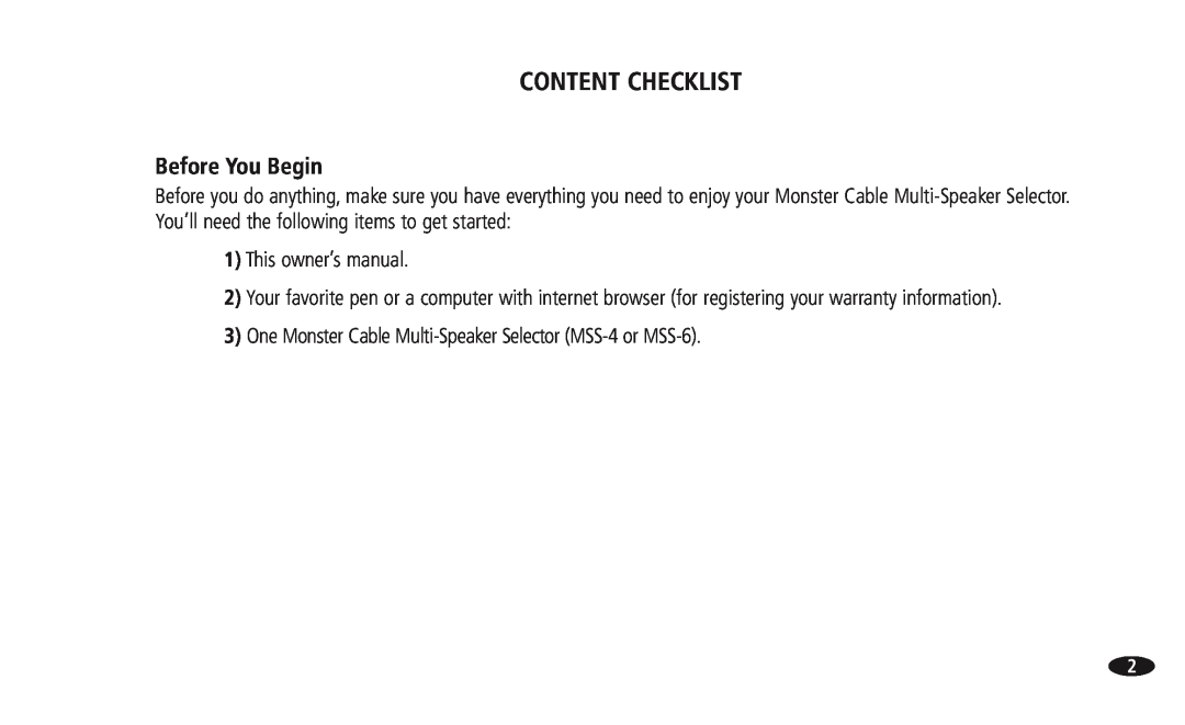 Monster Cable 13756800, 108516 MSS-4-6 manual Content Checklist, Before You Begin 