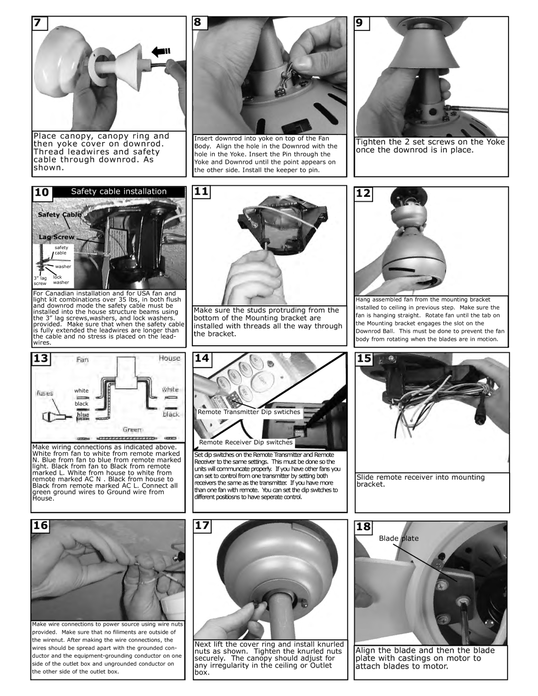 Monte Carlo Fan Company 3ASR52XXD Safety cable installation, Slide remote receiver into mounting bracket Blade plate 
