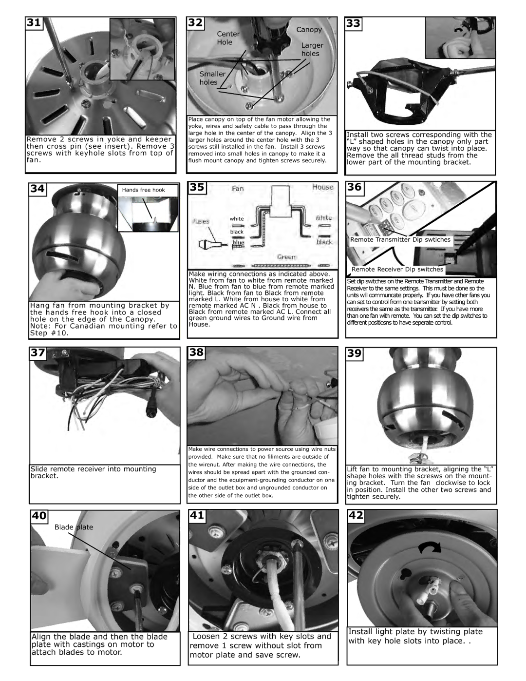 Monte Carlo Fan Company 3ASR52XXD installation instructions Center Canopy Hole Larger Holes Smaller 