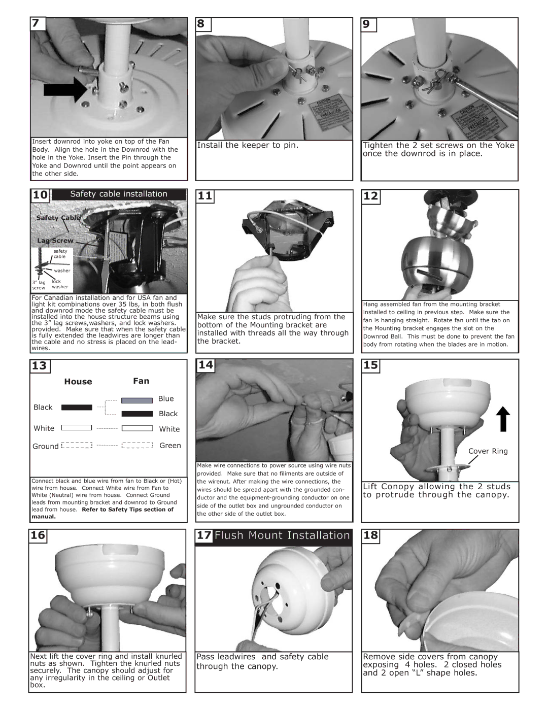 Monte Carlo Fan Company 3TF24XX installation instructions Black Blue White Ground Green, Cover Ring 
