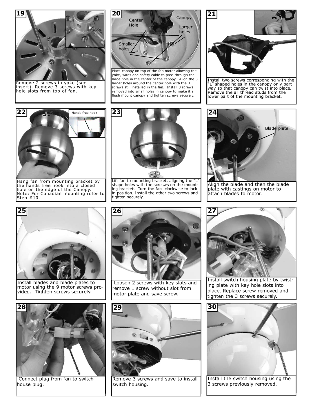 Monte Carlo Fan Company 3TF24XX installation instructions Center Canopy Hole Larger Holes Smaller, Blade plate 