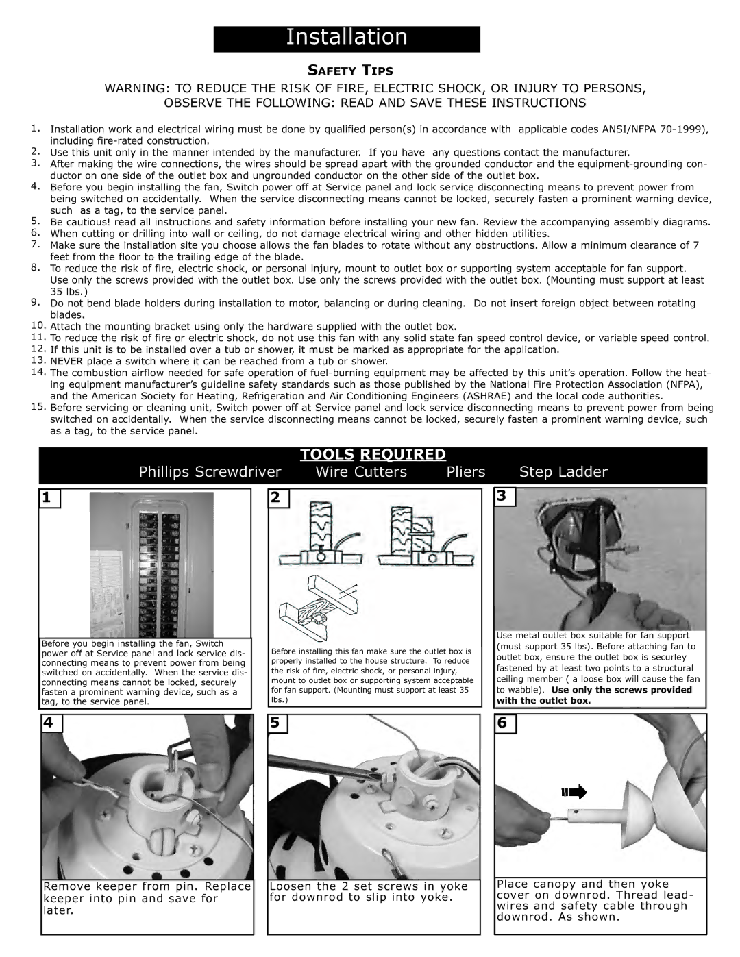 Monte Carlo Fan Company 3TSR52XXD installation instructions Phillips Screwdriver Wire Cutters 