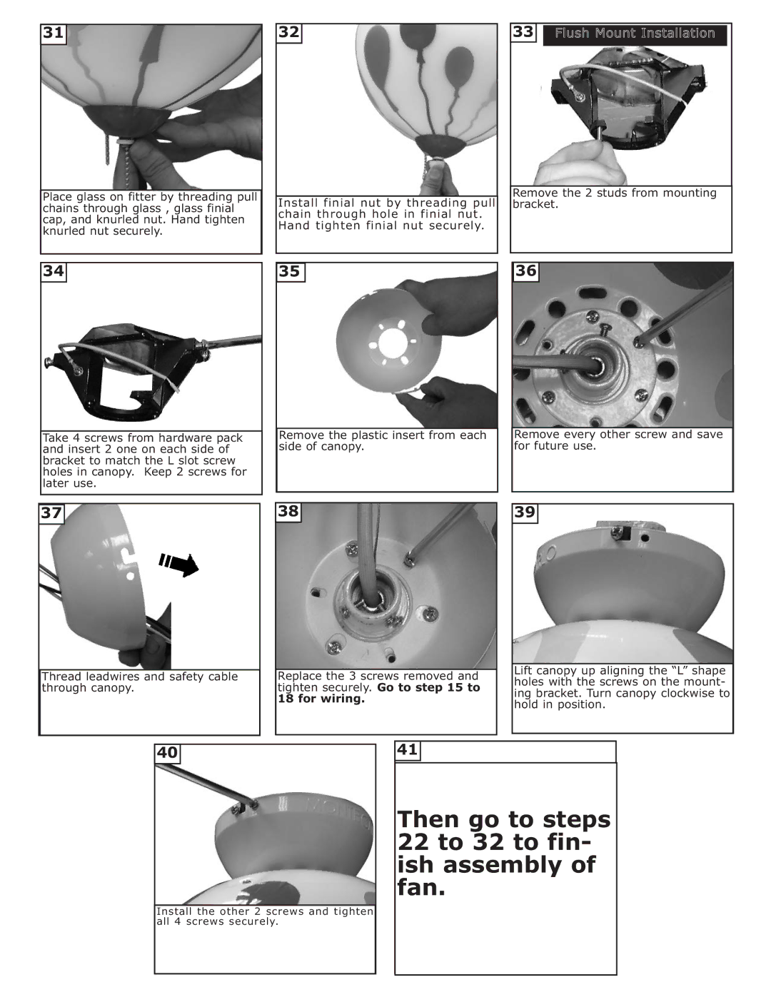 Monte Carlo Fan Company 4BN44WHD Series Then go to steps 22 to 32 to fin- ish assembly of fan, Flush Mount Installation 