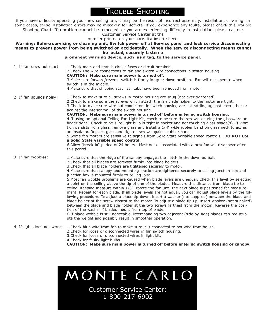 Monte Carlo Fan Company 4BN44WHD Series installation instructions Rouble Hooting 