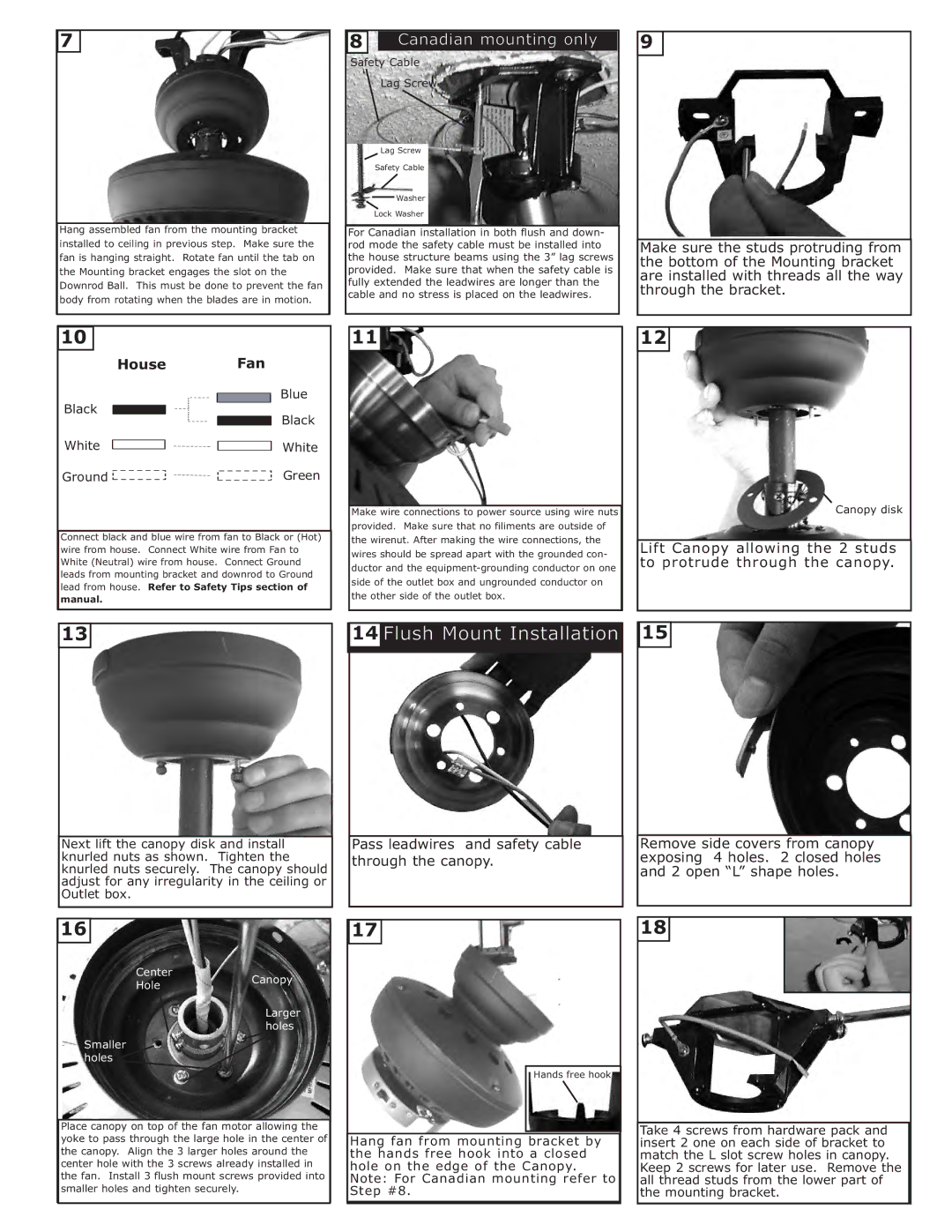 Monte Carlo Fan Company 4CO28 Pass leadwires and safety cable through the canopy, Black White Ground 