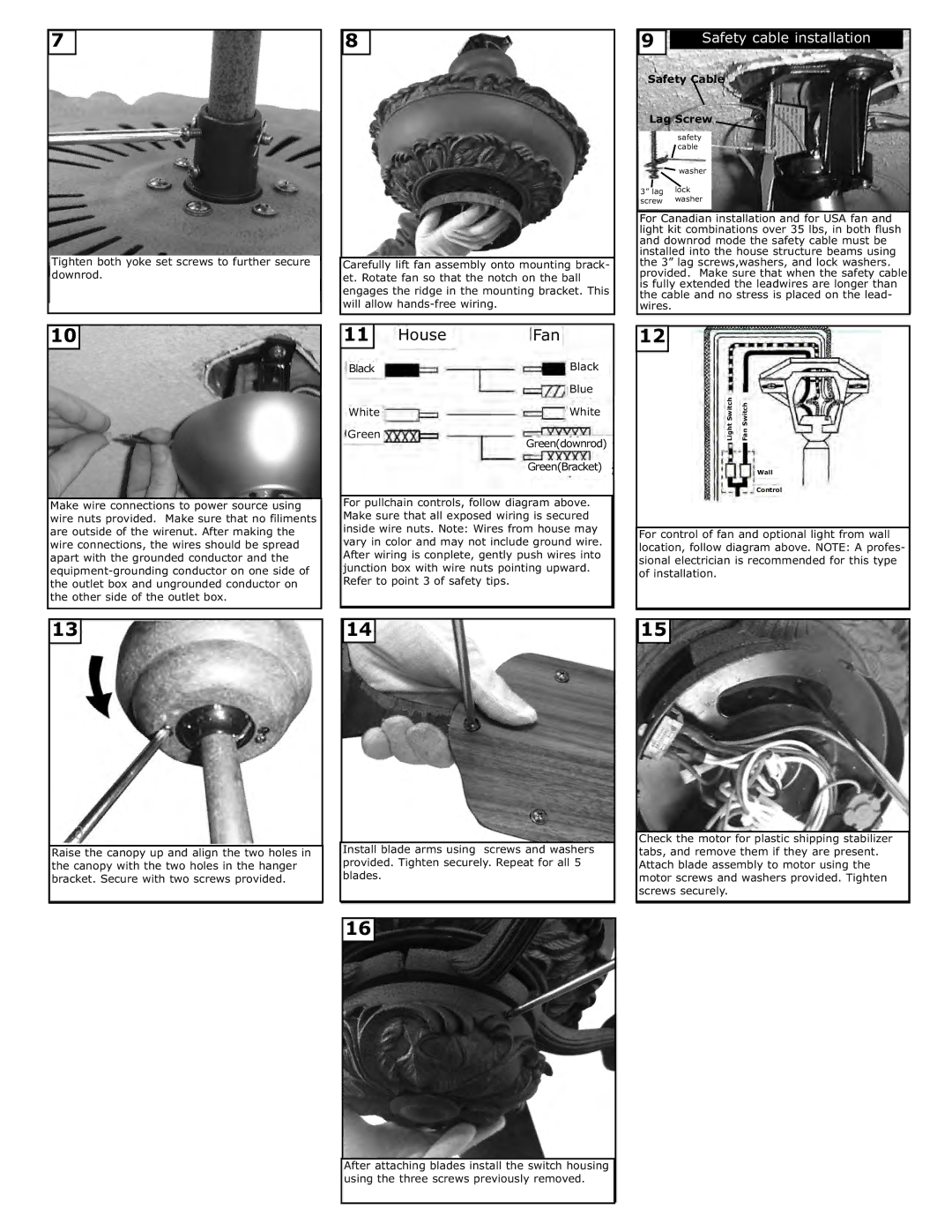 Monte Carlo Fan Company 5AB52 owner manual House Fan, Safety Cable Lag Screw 