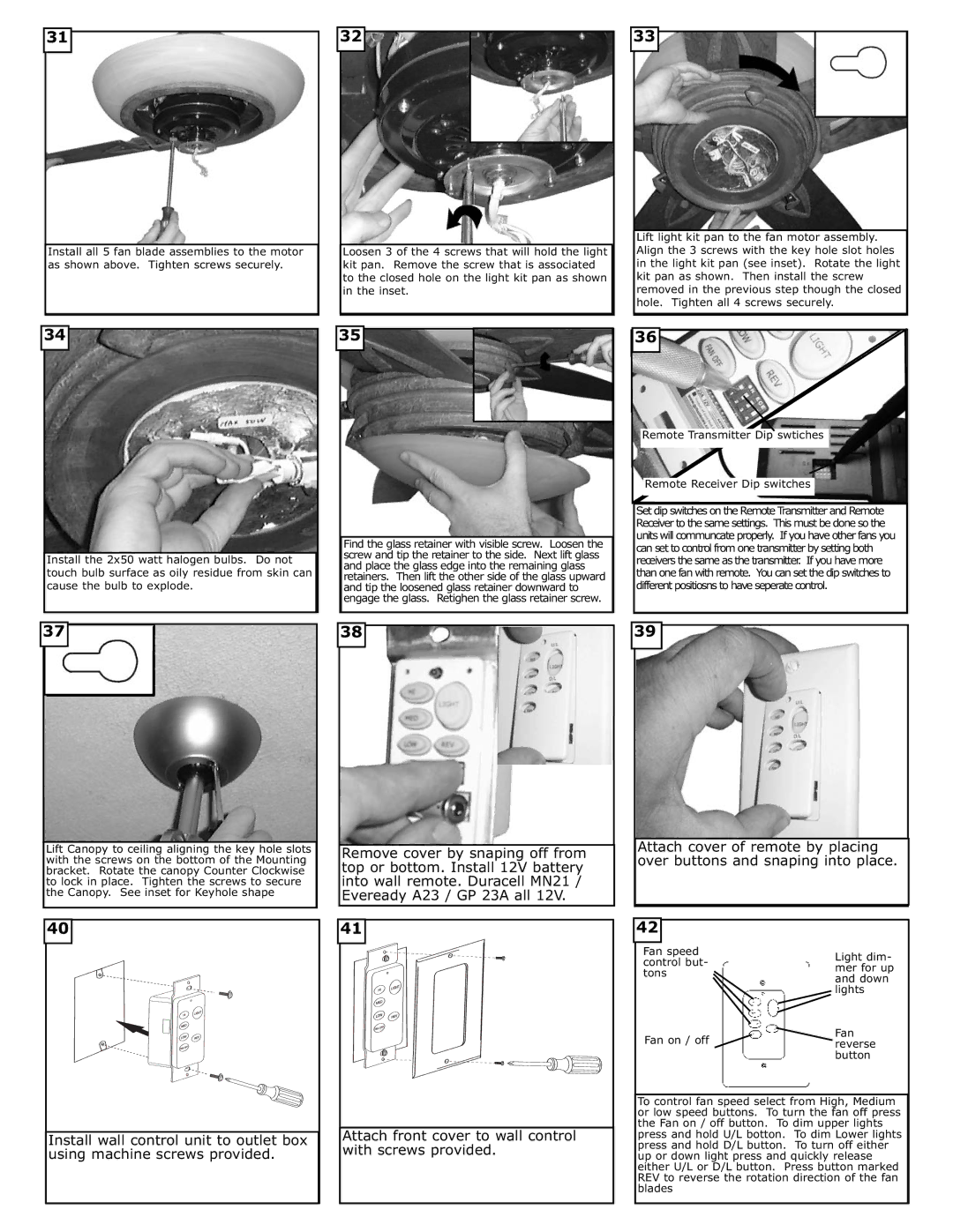 Monte Carlo Fan Company 5AHR60 owner manual Remote Transmitter Dip swtiches Remote Receiver Dip switches 