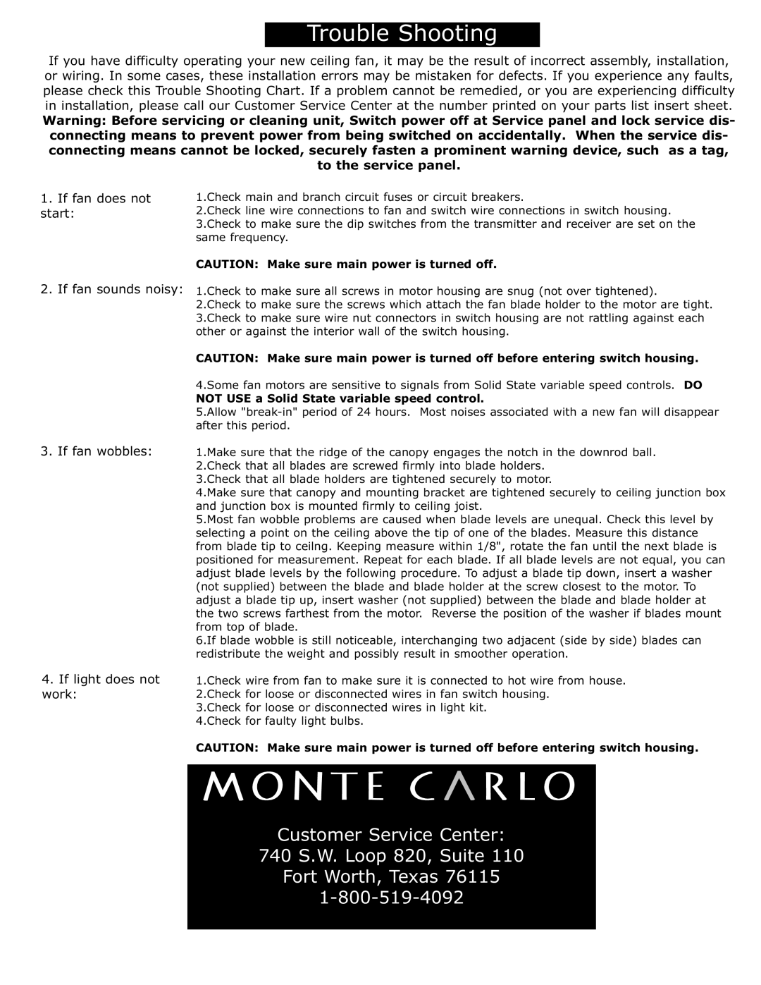 Monte Carlo Fan Company 5AHR60 owner manual Not USE a Solid State variable speed control 