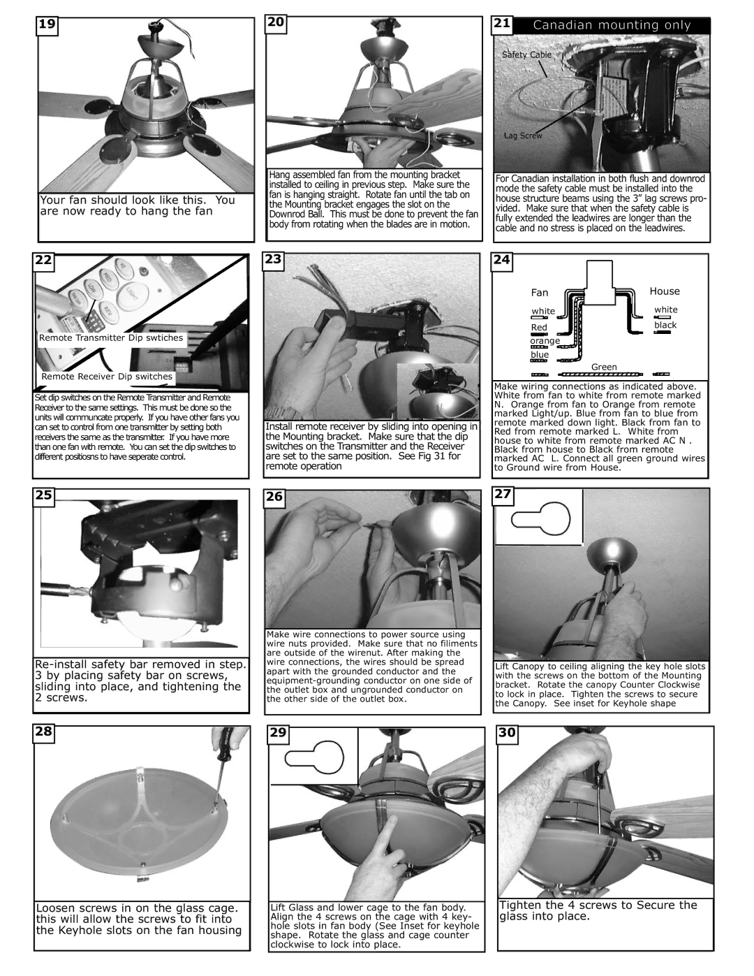 Monte Carlo Fan Company 5ALR56 Tighten the 4 screws to Secure the glass into place, Fan House, Safety Cable Lag Screw 