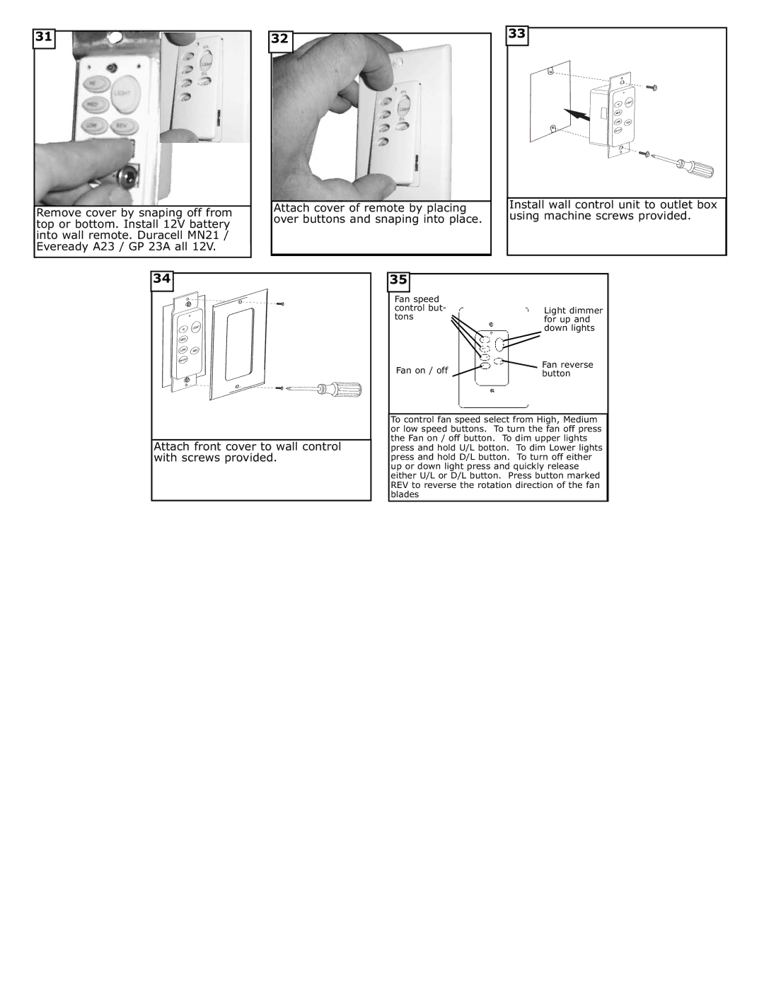 Monte Carlo Fan Company 5ALR56 owner manual Attach front cover to wall control, With screws provided 