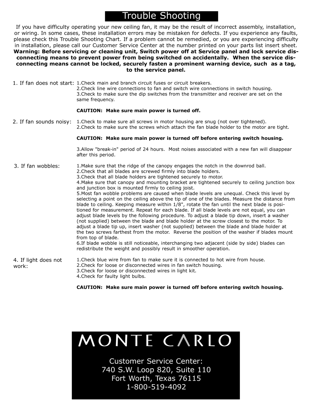 Monte Carlo Fan Company 5ALR56 owner manual 