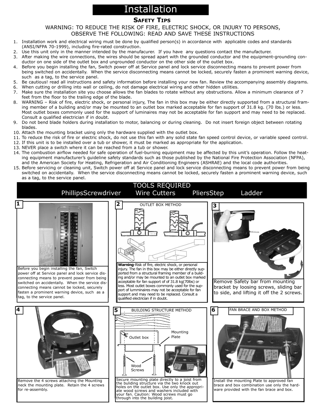 Monte Carlo Fan Company 5ALR56 owner manual Installation, PhillipsScrewdriver, Wire Cutters, PliersStep, Ladder 