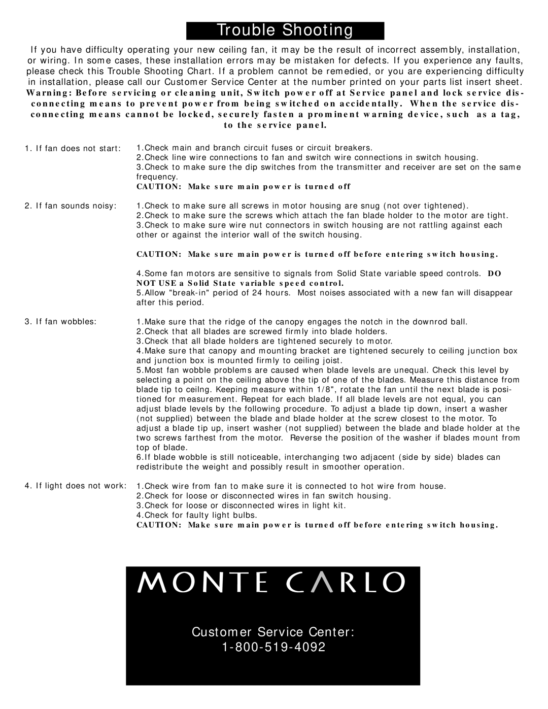 Monte Carlo Fan Company 5AYR54 Series owner manual Customer Service Center 