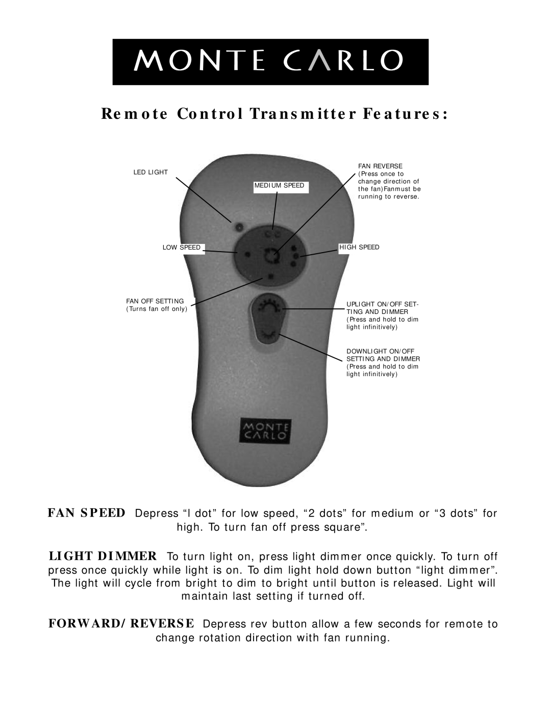 Monte Carlo Fan Company 5AYR54 Series owner manual Remote Control Transmitter Features 