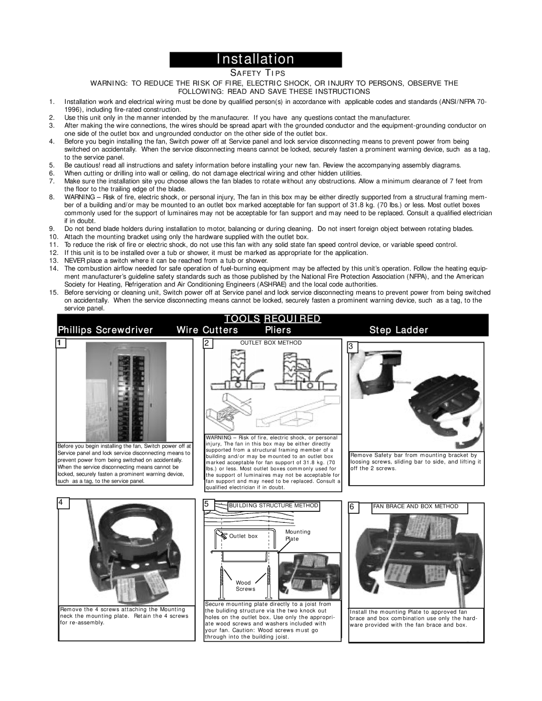 Monte Carlo Fan Company 5BGR56 Series owner manual Installation, Safety Tips 