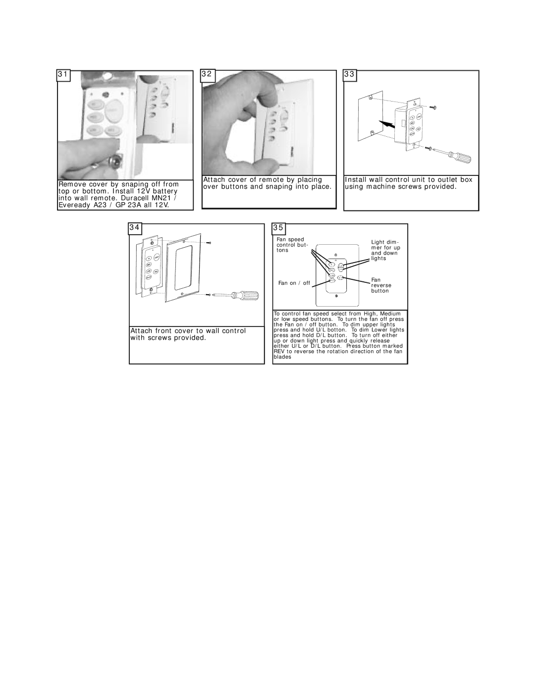 Monte Carlo Fan Company 5BGR56 Series owner manual Attach front cover to wall control with screws provided 