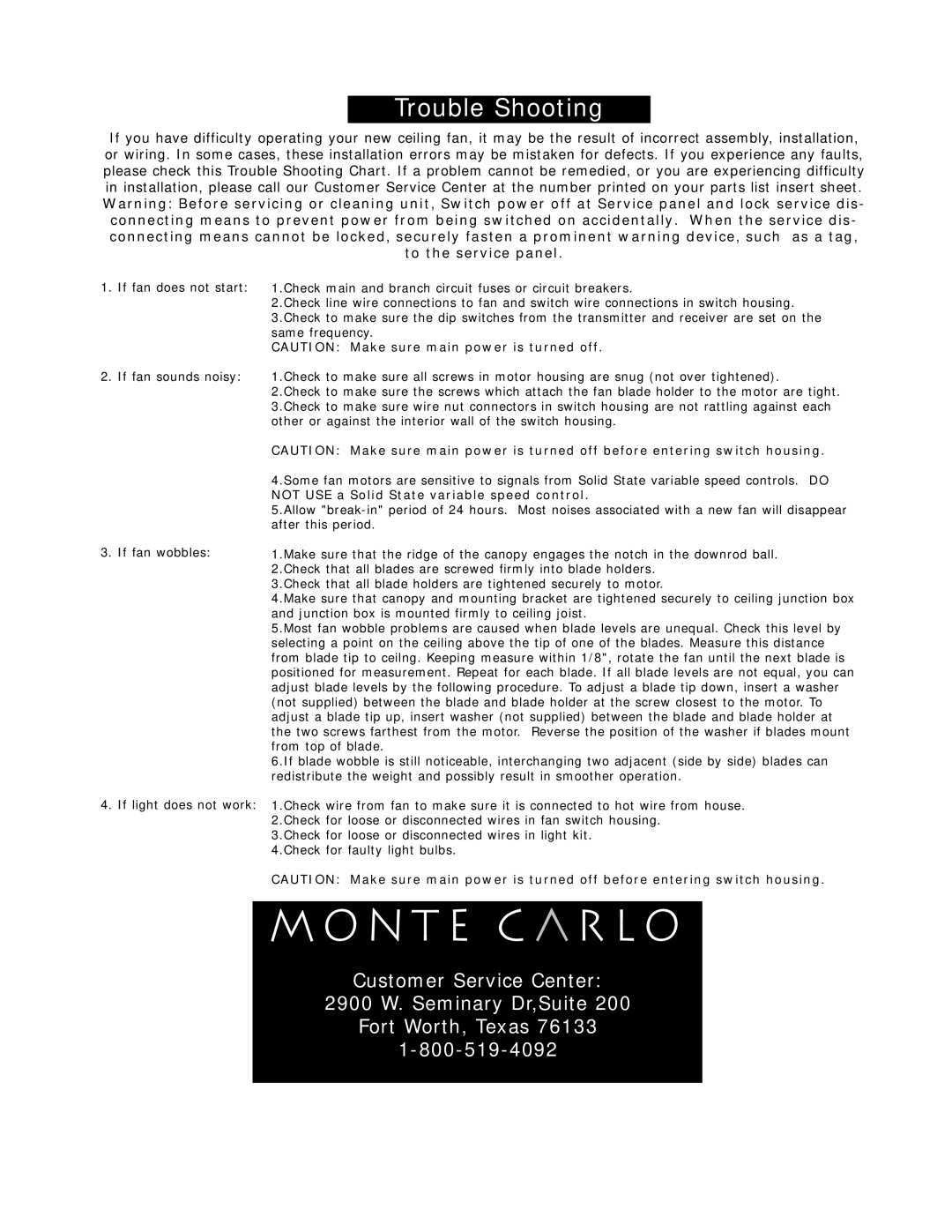 Monte Carlo Fan Company 5BGR56 Series owner manual Trouble Shooting, Not USE a Solid State variable speed control 