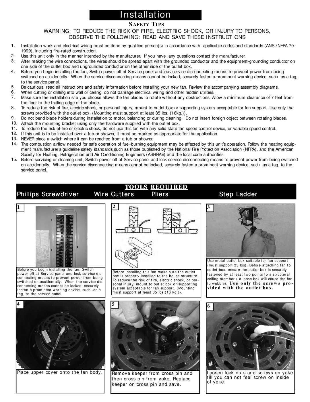 Monte Carlo Fan Company 5BUR52XXD Series owner manual Observe the Following Read and Save These Instructions 