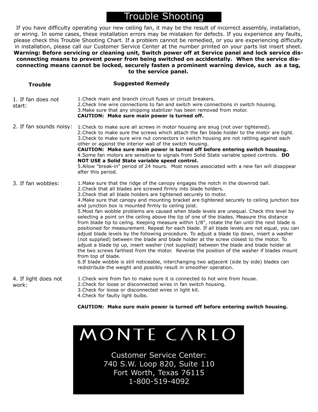 Monte Carlo Fan Company 5BY52XX owner manual To the service panel 