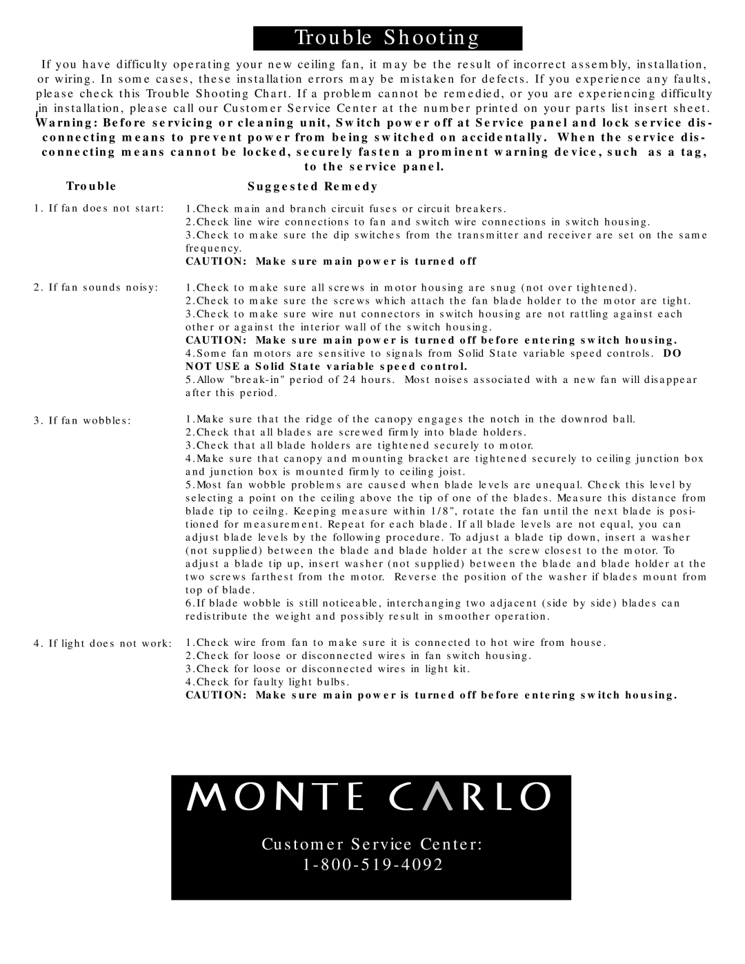 Monte Carlo Fan Company 5CLR66XXD Series owner manual Customer Service Center 